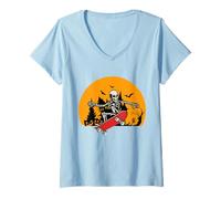 Mujer Divertido monopatín Retro Sunset Skeleton Riding Camiseta Cuello V