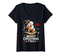 Mujer Divertido muñeco de Nieve de Vaquero de Yee Haw, Feliz Navidad Montando un Lindo muñeco de Nieve Camiseta Cuello V