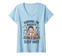 Mujer Divertido niño Cansado Nuevo papá Corriendo en el sueño Roto Diario Camiseta Cuello V