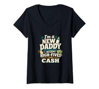 Mujer Divertido Nuevo Papá Nuevo Padre High Five Cash Humor Camiseta Cuello V