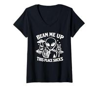 Mujer Divertido OVNI Conspiración Beam Me Up Alien Este Lugar Apesta Camiseta Cuello V