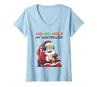 Mujer Divertido Papá Noel Gamer Navideño Ho Ho Hold My Controller Camiseta Cuello V