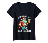 Mujer Divertido Papá Noel Tropical con Cerveza - Ho Ho Hold My Beer Christmas Camiseta Cuello V