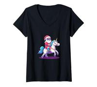 Mujer Divertido Papá Noel y su unicornio hacen realidad los sueños festivos Camiseta Cuello V