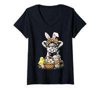 Mujer Divertido Pascua Highland Cow Café Huevo de Pascua Vaca de Las Tierr Camiseta Cuello V