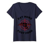 Mujer Divertido pato volador caza para cazadores comer más comida rápida Camiseta Cuello V