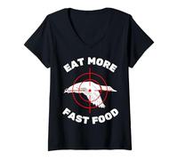 Mujer Divertido Pato Volador Caza para Cazadores Comer más Comida rápida Camiseta Cuello V