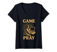 Mujer Divertido PC Gamer Jesús Oración Meme Retro Juego de Palabras RPG Camiseta Cuello V