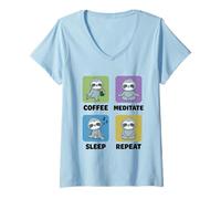 Mujer Divertido Perezoso café medita sueño Repetir Lindo Animal Kawaii Camiseta Cuello V