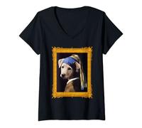 Mujer Divertido perrito Vermeer con el pendiente de perlas Camiseta Cuello V