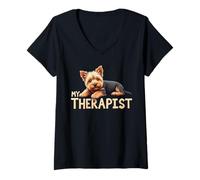 Mujer Divertido Perrito Yorkie, mi Terapeuta, Perro Yorkshire Terrier Camiseta Cuello V