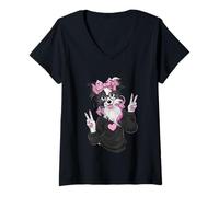 Mujer Divertido Perro con Gafas Doble Signo de Paz Lindo Border Collie Camiseta Cuello V