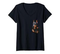 Mujer Divertido Perro Doberman Pinscher en Bolsillo Camiseta Cuello V