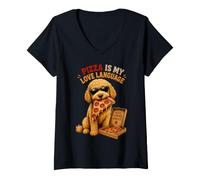 Mujer Divertido Perro Goldendoodle Pizza Is My Love Language Camiseta Cuello V