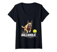 Mujer Divertido Perro Pastor Belga Adicto a Las Bolas Persiguiendo a Malinois Ball Camiseta Cuello V
