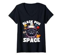 Mujer Divertido perro pug negro «Black Pug In Space» Black Pug Amante Camiseta Cuello V