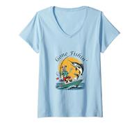 Mujer Divertido pez Pescador de Gone Fishin' Apparel, Amante de los Pescadores Camiseta Cuello V