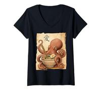 Mujer Divertido Pulpo Comiendo Ramen Japonés Kawaii Anime Vintage Camiseta Cuello V