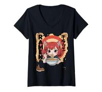 Mujer Divertido Ramen Anime Gato Chica Comiendo Fideos Retro Camiseta Cuello V