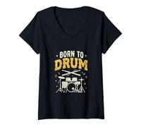 Mujer Divertido Regalo de música Vintage Rock Heavy Metal Born To Drums Camiseta Cuello V