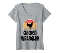 Mujer Divertido Retro Pollo Wrangler Farmer Farming Gift Shirt Humor Camiseta Cuello V
