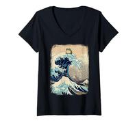 Mujer Divertido Sapo Montando Olas Ukiyo-e Camiseta Cuello V