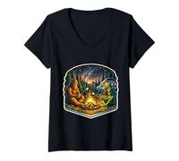 Mujer Divertido Sasquatch Alien Camping Fuego Big-Foot Pie Grande Naturaleza Camiseta Cuello V