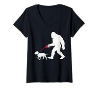 Mujer Divertido Sasquatch con Forma Retro de Bigfoot Walking, Perro Pitbull Camiseta Cuello V