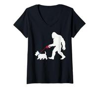 Mujer Divertido Sasquatch, Perro Terrier escocés Que Camina con Bigfoot, Estilo Retro Camiseta Cuello V