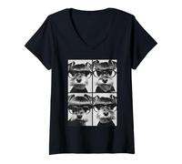 Mujer Divertido Schnauzer con Gafas de Sol Retro Meme Perros Bob Corte de Pelo Camiseta Cuello V