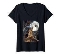 Mujer Divertido Selfie de Ardilla con Bruja voladora de Luna Llena de Halloween Camiseta Cuello V