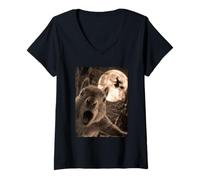 Mujer Divertido Selfie de Ardilla con Bruja voladora de Luna Llena de Halloween Camiseta Cuello V