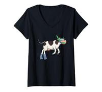 Mujer Divertido Snorkeling Vaca Dibujos Animados Diseño Lindo Animal Buceador Camiseta Cuello V