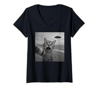 Mujer Divertido Sorprendido Gato Asustado Selfie Alien OVNI Extraterrestre Camiseta Cuello V
