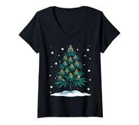 Mujer Divertido Stoner Árbol de Navidad Cáñamo Arte Holiday Design Weed Camiseta Cuello V