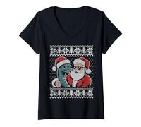 Mujer Divertido suéter Feo de Navidad del Monstruo del Lago Ness Camiseta Cuello V