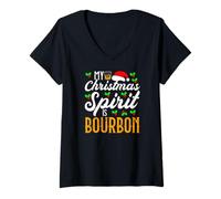 Mujer Divertido suéter Feo navideño. Mi espíritu navideño es Bourbon Camiseta Cuello V