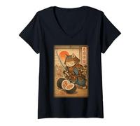 Mujer Divertido Sushi Samurai Cat Dojo Puesta de Sol Ukiyo-e Manga Kanji Art Camiseta Cuello V