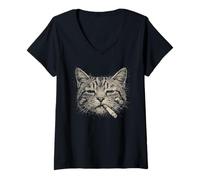 Mujer Divertido Tabby Gato Fumando Cigarrillo Sin Paciencia Actitud Camiseta Cuello V