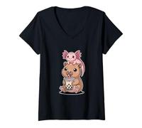 Mujer Divertido té de Capibara Boba Axolotl Kawaii Chibi Lindo Camiseta Cuello V