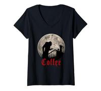 Mujer Divertido Terror de Drácula, Pero los fanáticos de First Coffee Gothic Vampire Camiseta Cuello V