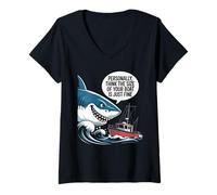Mujer Divertido tiburón Barco tamaño Humor océano Pesca sarcástico Dicho Camiseta Cuello V
