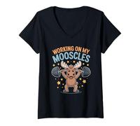 Mujer Divertido Trabajando En Mi Mooscles Diciendo Moose Gym Humor Camiseta Cuello V