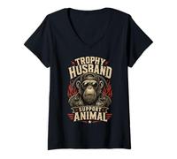 Mujer Divertido Trofeo gráfico de Retrato humorístico simio y Esposo Camiseta Cuello V