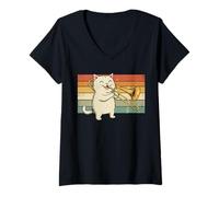 Mujer Divertido Trombón Gato Retro Jazz Band Músico Camiseta Cuello V