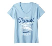 Mujer Divertido Van Travel Camping Life Levantarse de la Cama Vintage Camiseta Cuello V