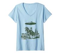 Mujer Divertido Vaquero Montando Unicornio OVNI Alien Desert Western Camiseta Cuello V