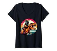 Mujer Divertido Vaquero Pastor Belga Montando Un T-Rex Camiseta Cuello V