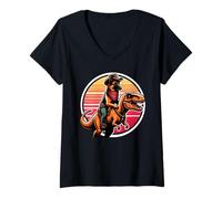 Mujer Divertido Vaquero Pastor Belga Montando Un T-Rex Camiseta Cuello V