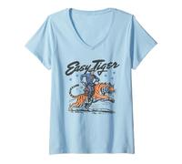Mujer Divertido Vaquero Retro de Easy Tiger Montando un Tigre Camiseta Cuello V